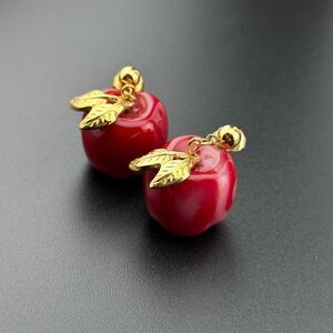 Vintage Avon Gold Tone & Red Light Pink Swirl Lucite Apple Dangle Earrings 1 in
